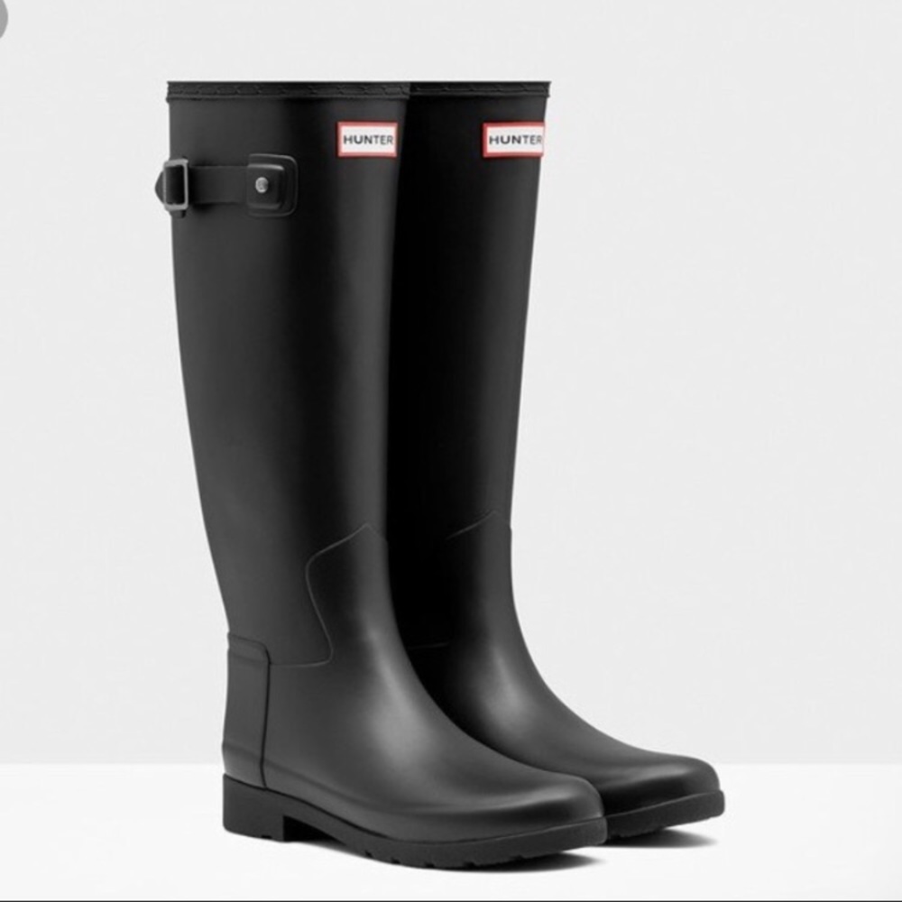 Tall matte black Hunter boots